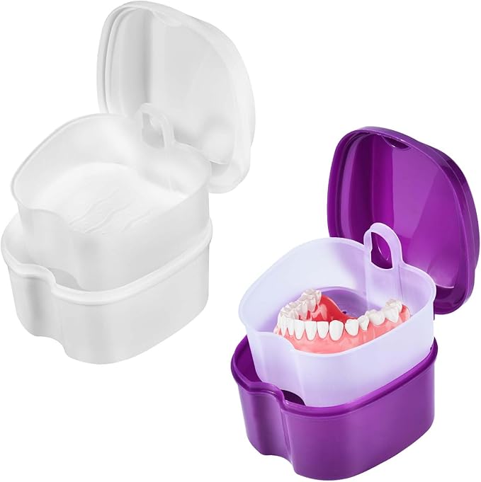 2 Pack Colors Denture Bath Case Cup Box Holder Storage Soak Container with Strainer Basket for Travel Cleaning (White and Purple)