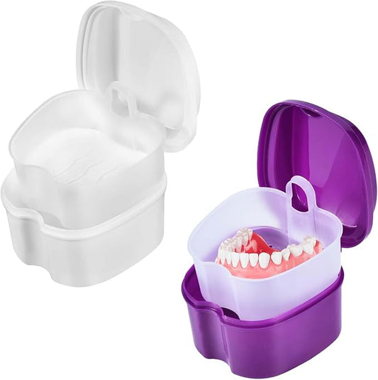 2 Pack Colors Denture Bath Case Cup Box Holder Storage Soak Container with Strainer Basket for Travel Cleaning (White and Purple)