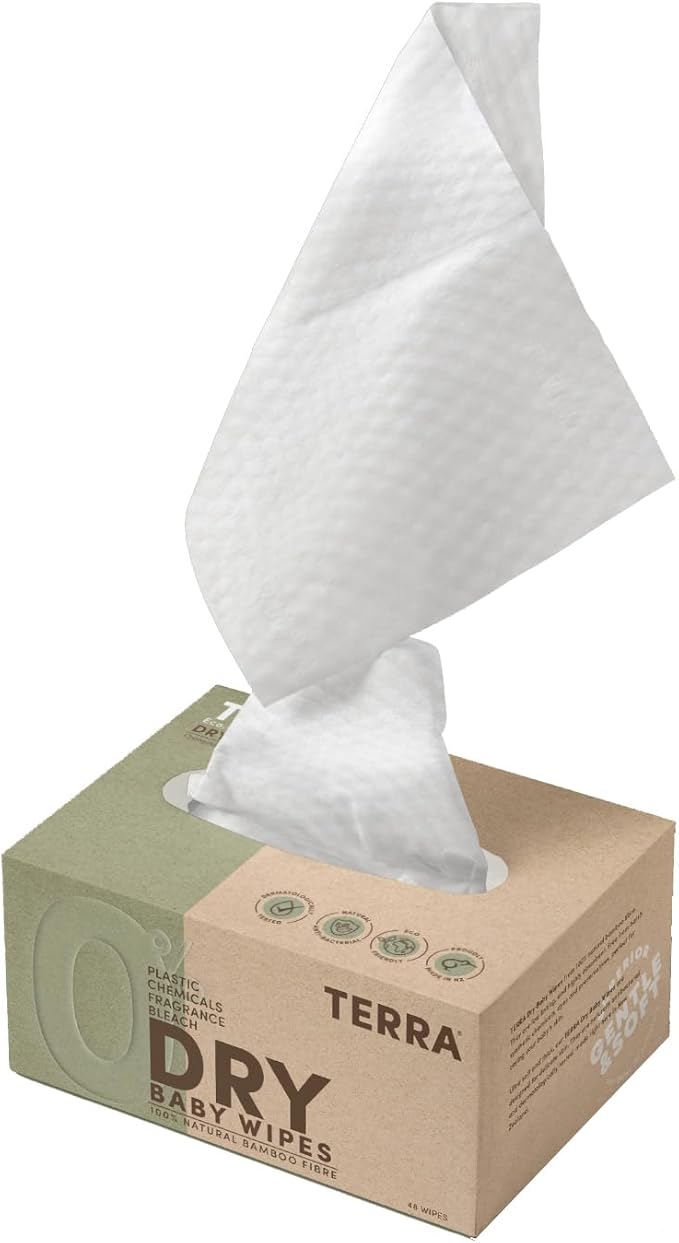 Terra Bamboo Dry Baby Wipes: Biodegradable Bamboo Fiber Wipes, Unscented, Sensitive Skin, 1 Pack of 48