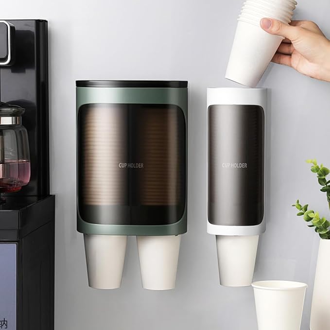 2 Pcs Cup Dispenser Wall Mounted, Bathroom Cup Dispenser Holder for 3oz-9.5oz Disposable Paper and Plastic Cups, Water Cooler Cup Dispenser with Adhesive Plate (Single Green)