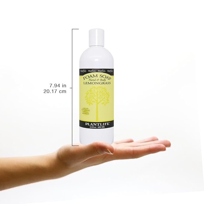 Plantlife Lemongrass Foam Soap Refill - Moisturizing Plant Based Foam Soap for All Skin Types - Ideal as a Hand & Body wash, Shaving Cream, & Foaming Fun for Kids - Made in California 16 oz