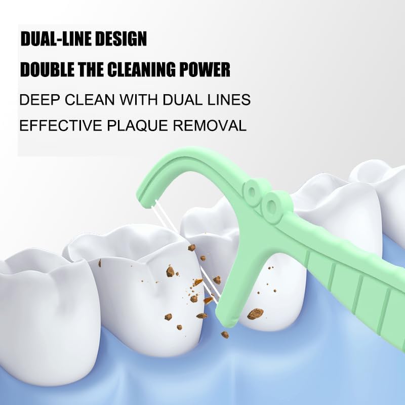 Mint Twin Line Dental Floss Picks - 400 Count (2 Packs of 200) | Minty Fresh Floss Sticks for Adults | Unique Seahorse Design | Individually Wrapped for Hygiene & Convenience