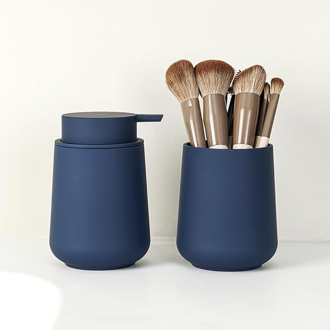 Matte Navy Blue Bathroom Accessories 2 Piece Set Plastic Soap Dispenser and Toothbrush Holder for Modern Bathroom Decor