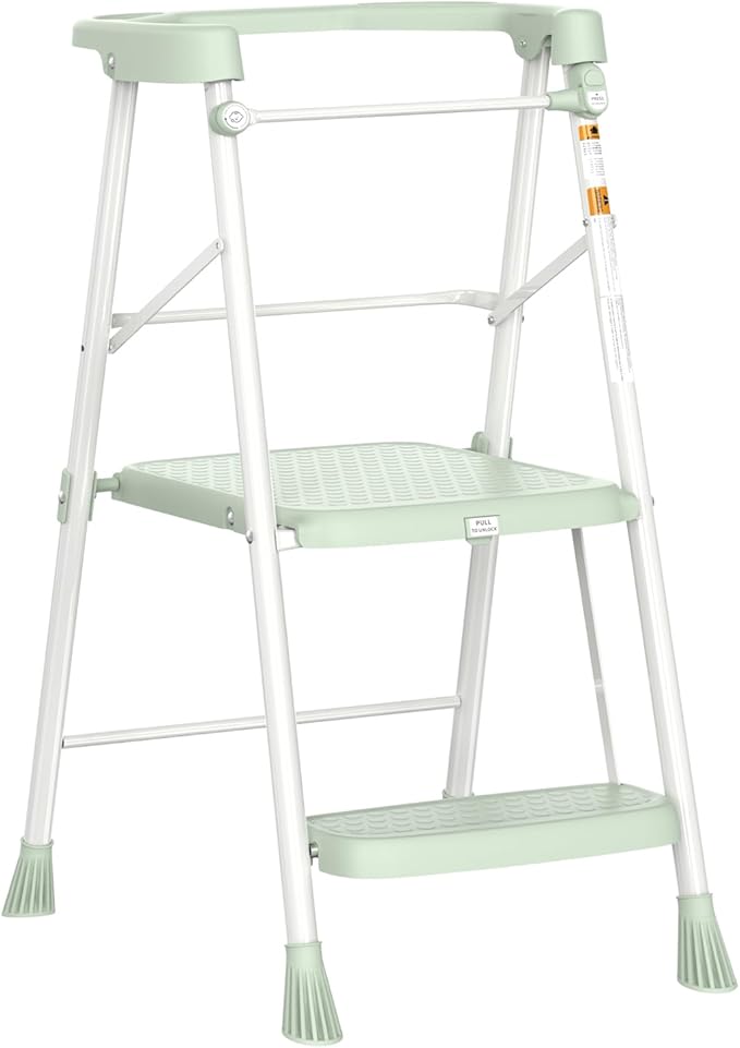 HBTower Kids Step Stool 2 Steps, Toddler Tower for Kitchen Counter Learning, Toddler Kitchen Stool Helper with Anti-Drop Safty Railing Kids Standing Folding Stepper, Green