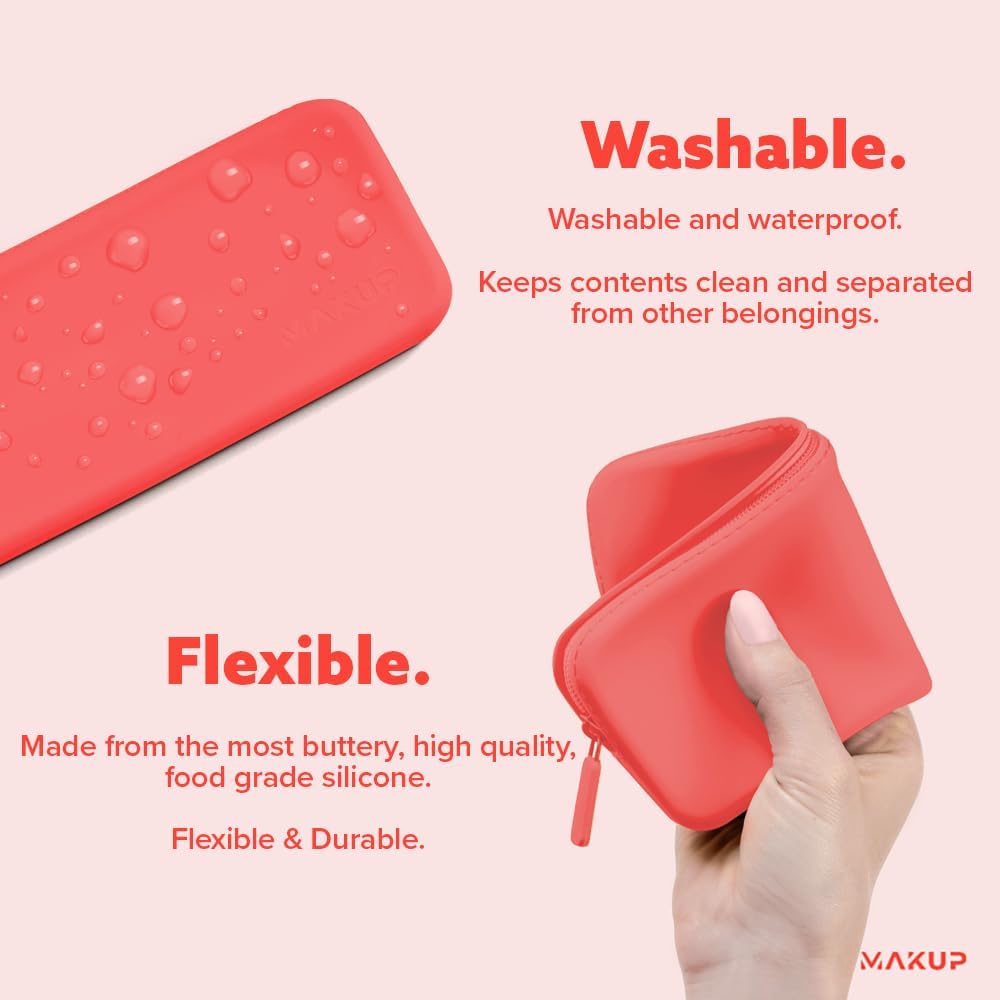 MAKUP Silicone Makeup Bag, Makeup Brush Holder with Zipper for Organizing Cosmetics, Makeup Brushes, Tools and Pencils, Washable Makeup Brush Holder Pouch for Travel (Watermelon Sugar)