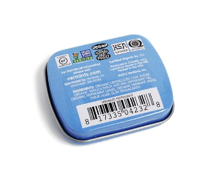 VerMints Organic Breath Mints PepperMint Candy Mints for Real Long-Lasting Flavor, Travel Size Tin - Non-GMO, Nut Free, Gluten Free, Vegan, Kosher Peppermints - .63oz/18g Tins (Pack of 12)