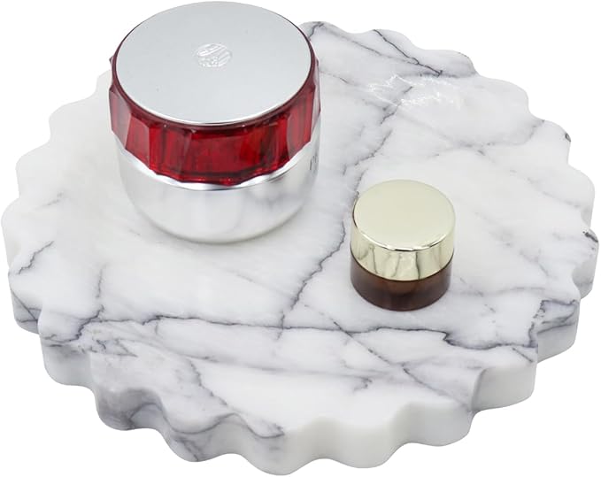 Round Marble Decorative Tray with Scalloped Edge, Luxury Natural Stone Bathroom Vanity Tray, Dresser Top Perfume Coffee Home Kitchen Sink Tray, Key Trinket Ring
