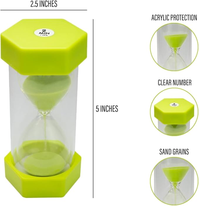 Sand Timer for Kids - 2 Minute Green - 5 inches Hour Glass Acrylic Covered for Classroom, Home & Kids Room - Medium Single Pack