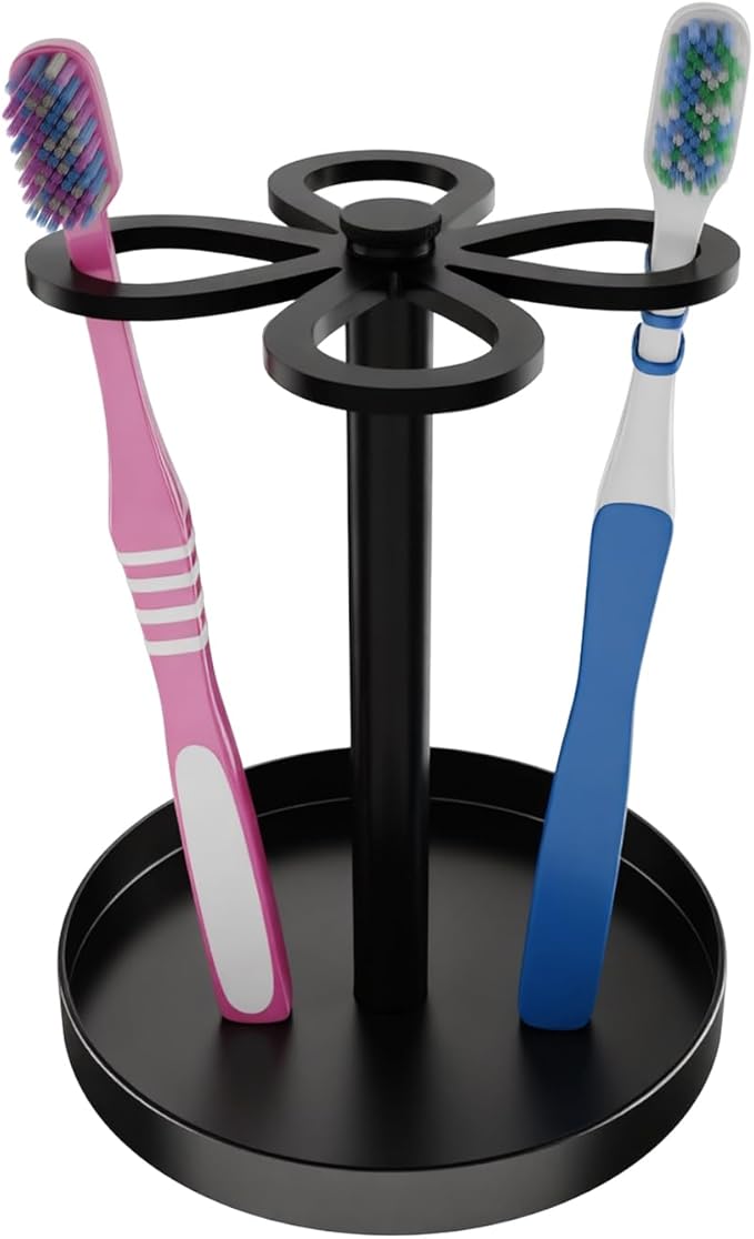 Metal Toothbrush Holders for Bathroom with 4 Slot Black Tooth Brush Holder Stand and Non-Slip Base， Countertop Organizer for Family and Hotel，Compact Design