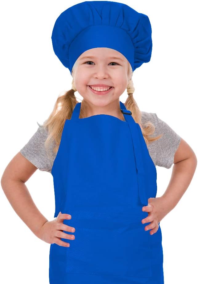 Kids Apron and Chef Hat Set, Adjustable Cotton Child Aprons with Large Pocket Blue Girls Boys Kitchen Bib Aprons for Cooking Baking Painting