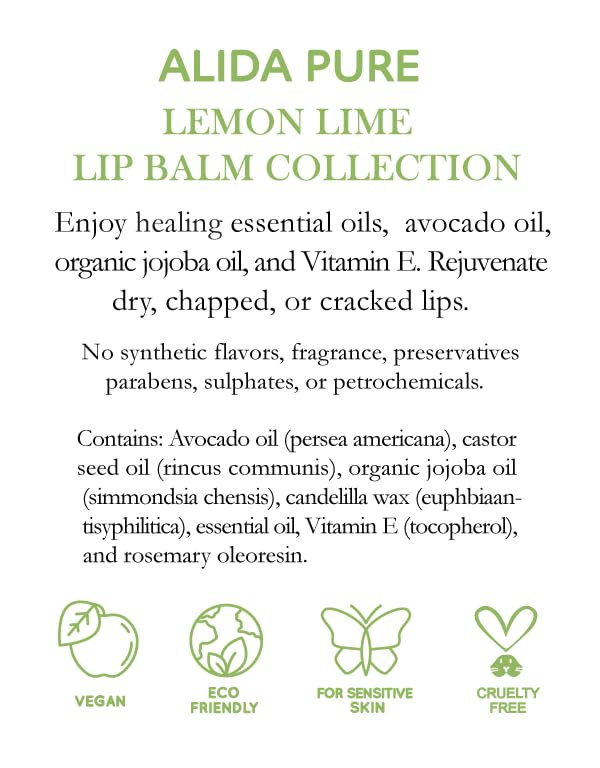 Lemon Lime Lip Balm Collection, Vegan Set, Bees Wax Free, Organic Jojoba and Avocado Oil, Vitamin E, Moisturizer For Dry Cracked Lips, 3 Tubes of Lip Balm per Set