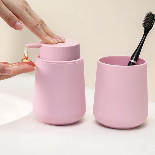 Matte Pink Bathroom Accessories 2 Piece Set Plastic Soap Dispenser and Toothbrush Holder for Modern Bathroom Decor