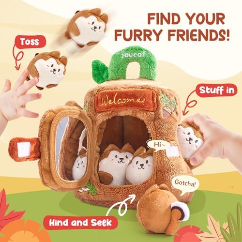 JoyCat Baby Toys 6-12 Months - Soft Baby Treehouse with 5 Sensory Squirrels - Rattle, Crinkle Paper, Squeaker, Mirror, Busy Montessori Soft Toys for Toddlers 0-3 Years Old - Christmas Birthday Gift