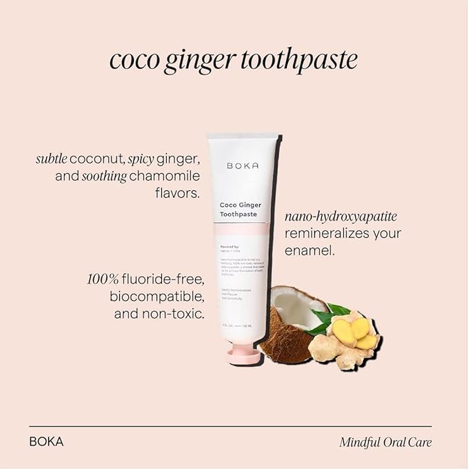 Boka Fluoride Free Toothpaste - Nano Hydroxyapatite, Remineralizing, Sensitive Teeth, Whitening - Dentist Recommended for Adult, Kids Oral Care - Coco Ginger Flavor, 4 Fl Oz 3Pk - US Manufactured