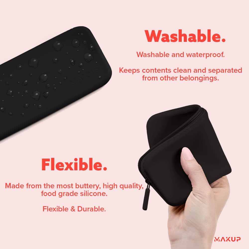 MAKUP Silicone Makeup Bag, Makeup Brush Holder with Zipper for Organizing Cosmetics, Makeup Brushes, Tools and Pencils, Washable Makeup Brush Holder Pouch for Travel (Black Out)