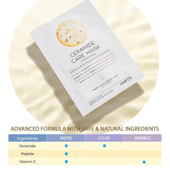 #OOTD Ceramide Brightening Sheet Mask For Face, Moisturizing, Anti Aging Ceramide, Peptide, Vitamin C, EVE Vegan 10EA
