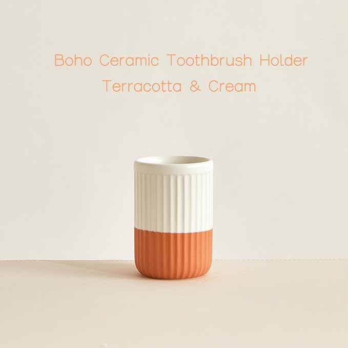 Hand Dipped Two-Tone Ceramic Toothbrush Holder, Terracotta and Cream Tumbler for Bathroom Countertop, Rippled Orange Makeup Brush Holder, Pen Organizer, Multipurpose Bathroom Accessory