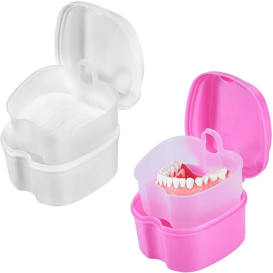 2 Pack Colors Denture Bath Case Cup Box Holder Storage Soak Container with Strainer Basket for Travel Cleaning (White and Pink)