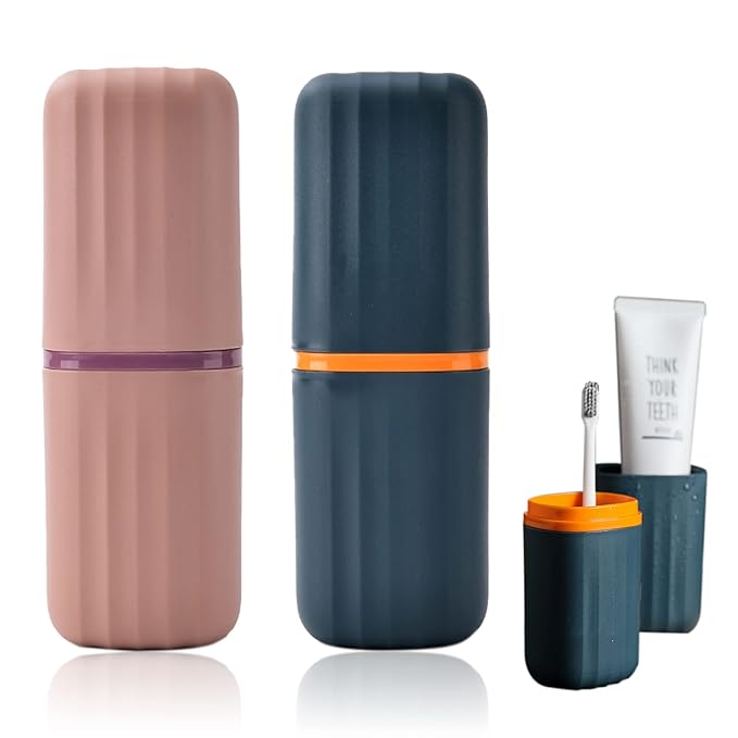 2Pcs Travel Toothbrush Cup Case, Portable Toothbrush Holder Case for Traveling, Camping, Business Trip and School, Plastic Toothbrushes Toothpaste Set with Two Colors (Navy blue and Lotus color)