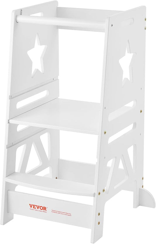 VEVOR Tower Step Stool, 3-Level Height Adjustable Toddler Step Stools for Kids, Bamboo Kitchen Stool, Standing Tower Learning Stool with Safety Rail for Kitchen Counter Bathroom, 350LBS, White