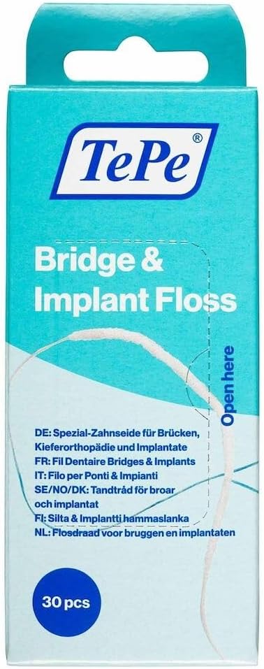 TePe Bridge and Implant Floss for Dental Implants, Bridges, and Braces, Dental Flossers, 30 Pieces
