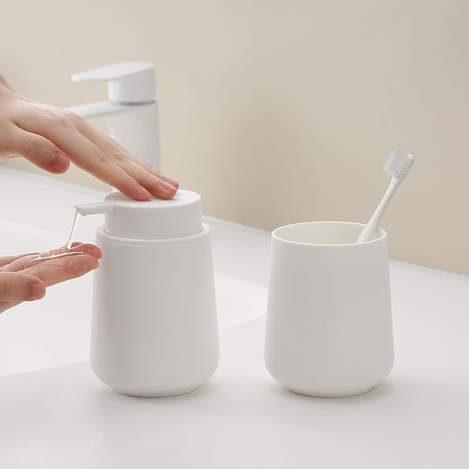 Matte White Bathroom Accessories 2 Piece Set Plastic Soap Dispenser and Toothbrush Holder for Modern Bathroom Decor