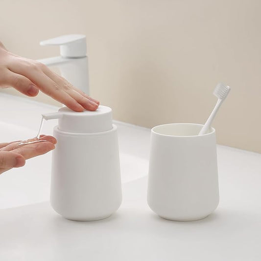 Matte White Bathroom Accessories 2 Piece Set Plastic Soap Dispenser and Toothbrush Holder for Modern Bathroom Decor
