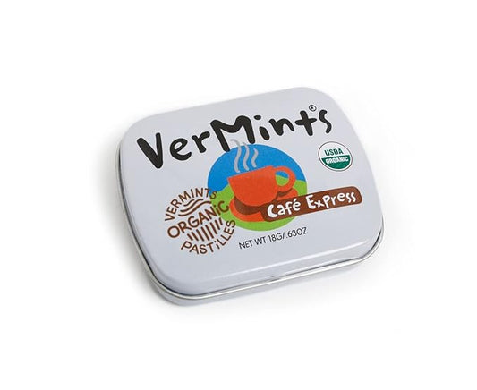 VerMints Organic Breath Mints Café Express - Real Ingredients, Lasting Coffee Flavor - Travel Size Tins - Non-GMO, Nut Free, Gluten Free, Vegan & Kosher Coffee Candy - .63oz/18g (Pack of 12)