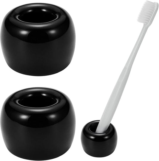 Mini Ceramic Couple Toothbrush Holder, Hand-Made Bathroom Toothbrush Holder, Electric Toothbrush Head Holder and Office Pen Holder 2-Piece Set (Black)