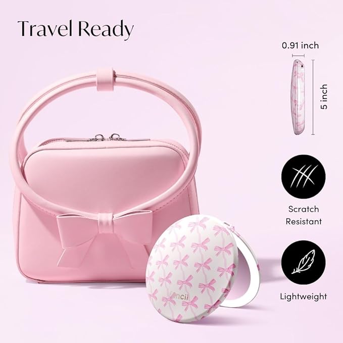 Fancii Taylor LED Lighted Travel Makeup Mirror, Rechargeable, 10x /1x Magnifying, Tru-Glow Lighting System, XL Large 5” Wide | Compact Mirror for Purses (Rosette Ribbon)