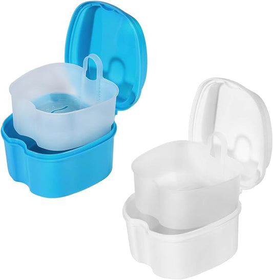 2 Pack Colors Denture Bath Case Cup Box Holder Storage Soak Container with Strainer Basket for Travel Cleaning (White and Light Blue)