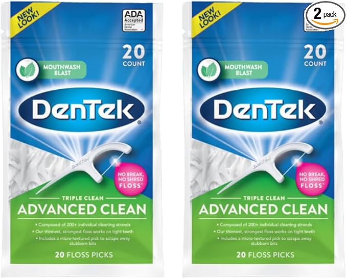DenTek Triple Clean Advanced Clean Floss Picks, No Break & No Shred Floss, 20 Count (Pack of 2)