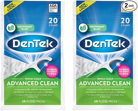 DenTek Triple Clean Advanced Clean Floss Picks, No Break & No Shred Floss, 20 Count (Pack of 2)