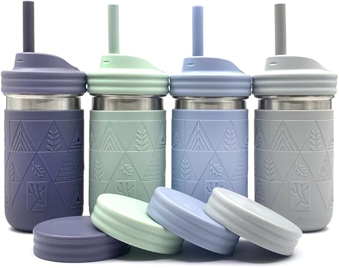 Elk and Friends 14oz Stainless Steel Kids + Toddler Drinking Cups | The Original Mason Jar with Sleeves + Lids | Silicone Straws | Smoothies | Storage Jar | Spill Resistant | Dishwasher Safe | 4 Pack