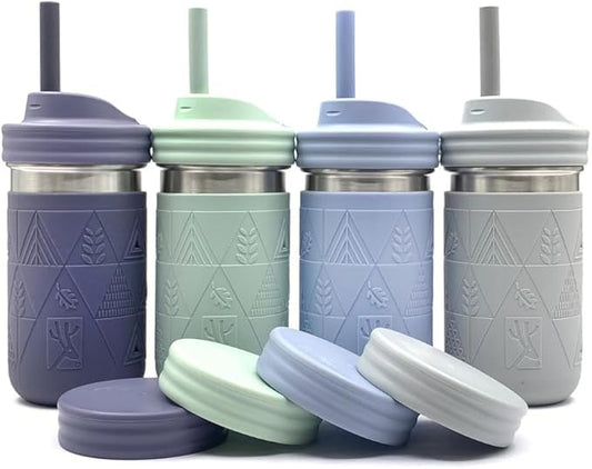 Elk and Friends 14oz Stainless Steel Kids + Toddler Drinking Cups | The Original Mason Jar with Sleeves + Lids | Silicone Straws | Smoothies | Storage Jar | Spill Resistant | Dishwasher Safe | 4 Pack