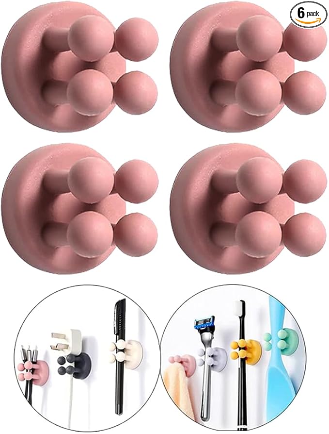 Silicone Toothbrush Holders Razor Hooks Adhesive Wall Mounted for Hanging Towel Key Plug Cable, Utility Decor Stick to Dorm Room Essentials (4 Pcs Pink)