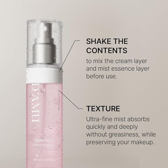 D'AMU Collagen Cream Face Mist – Hydrating & Radiance-Boosting Facial Spray with Vita 5X Multi-Vitamin Complex for Elasticity Care & Radiant Glow – Korean Skincare Gift for Women – 3.38 fl.oz.