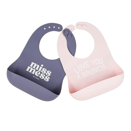 Baby Bib for Eating by Bella Tunno, Set of 2 Waterproof Silicone Bibs with Large Food Catcher, Adjustable Fit for Babies 4-12 months & Toddlers 1-3 Years, Boys & Girls, Miss Mess & Brunch