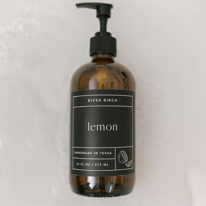 River Birch Lemon Scented Natural Hand Soap - Handmade Soap - Moisturizing Hand Wash with Amber Glass Dispenser - Luxury Scented Hydrating Hand Soap - Vegan and Non-Toxic - 16 Fl Oz