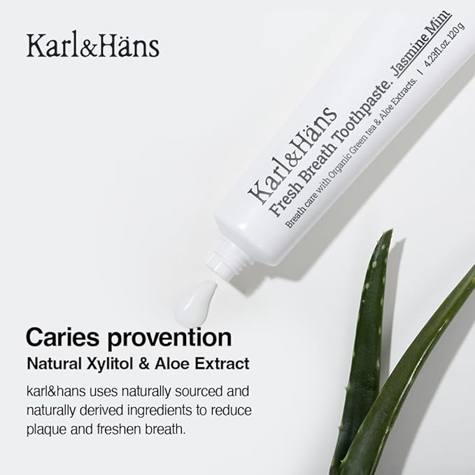 Karl&Hans Fresh Breath Jasmine Mint Toothpaste with Fluoride – Bad Breath Removal, Cooling Jasmine Mint Freshness, Cavity Protection, Whitening & Stain Removal, 4.23 fl oz