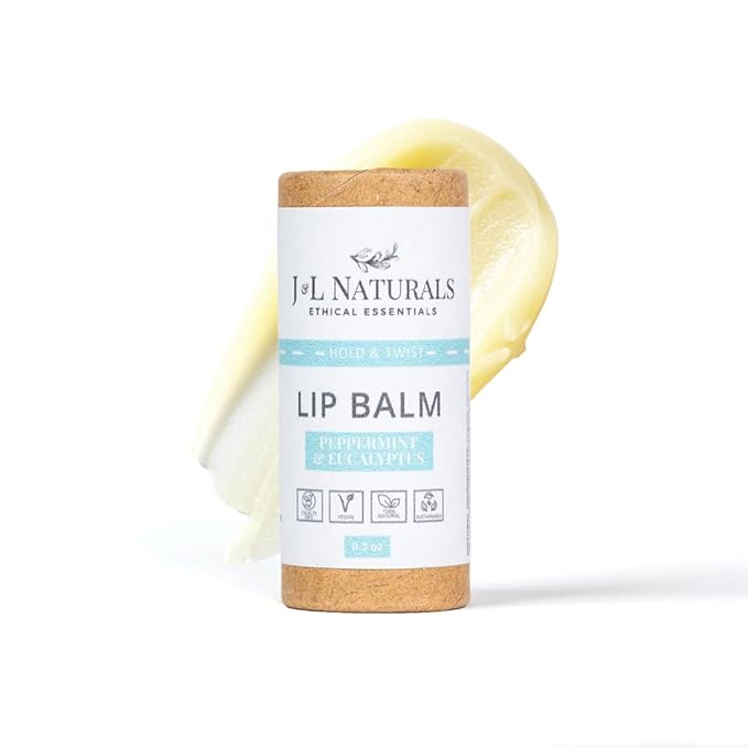 J&L Naturals Sustainable Lip Balm | Organic Ingredients, 100% Natural, Eco-Friendly | Cruelty Free, Vegan, Paraben Free, Silicone Free (Peppermint & Eucalyptus, Single)