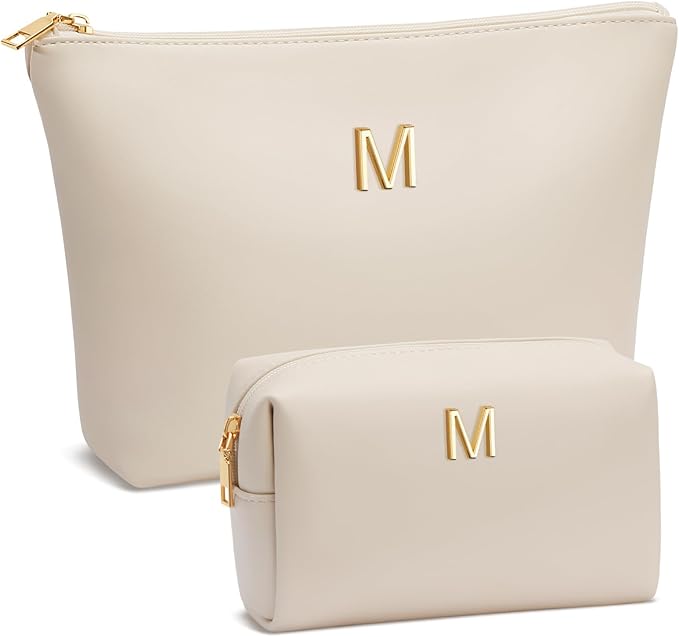 Women Gifts | Initial Makeup Bag Set for Girl Personalized Gifts for Bridesmaid Friend Graduation Teachers PU Leather Cosmetic Travel Toiletry Bag(Beige,M)