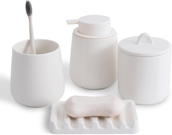 Ceramic Bathroom Accessories Set,Foam Soap Dispenser and Toothbrush Holder Set, Soap Dish, Apothecary Jars,4 Pieces for Home Apartment Modern Bathroom Decor Vanity Countertop(White Set - Foam)