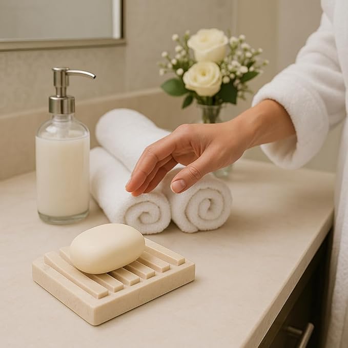 Natural Champagne Marble Soap Dish – Handcrafted & Polished Luxury Soap Tray for Bathroom, Kitchen, and Sink Countertops, Elegant Design Used in 5-Star Hotels (5.2” L x 4” W, Beige Natural Stone)