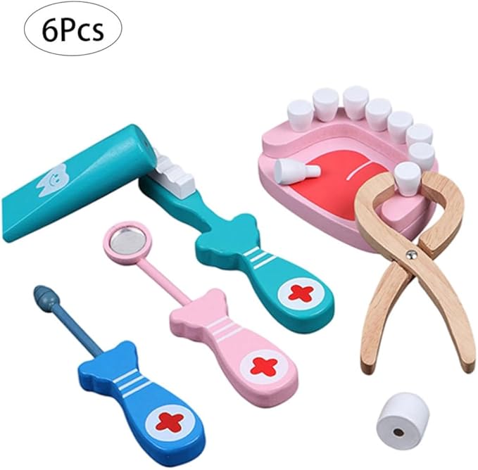 Wooden Dentist Toy Kit Pretend Play Teeth Tools Educational Doctor Role Play Set for Kids 6PCS Dentist Simulation Toy Educational for Boys Girls Early Learning