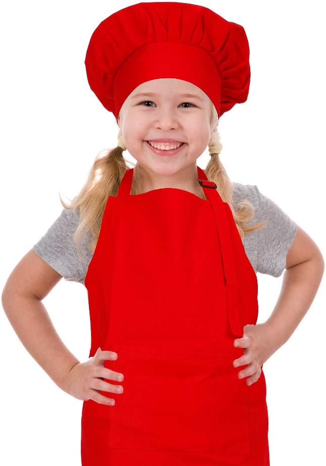 Kids Apron and Chef Hat Set, Adjustable Cotton Child Aprons with Large Pocket Red Girls Boys Kitchen Bib Aprons for Cooking Baking Painting