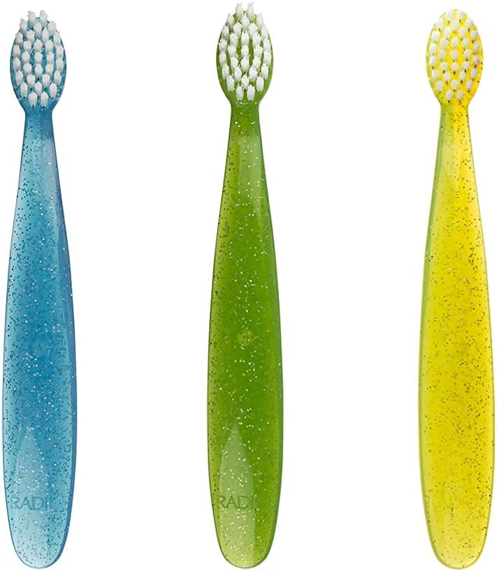 RADIUS Children's Toothbrush, Totz Brush, Extra Soft Bristles, Blue/Green/Yellow, BPA Free & ADA Accepted, Designed for Delicate Teeth & Gums for Children 18 Months & Up, Pack of 3