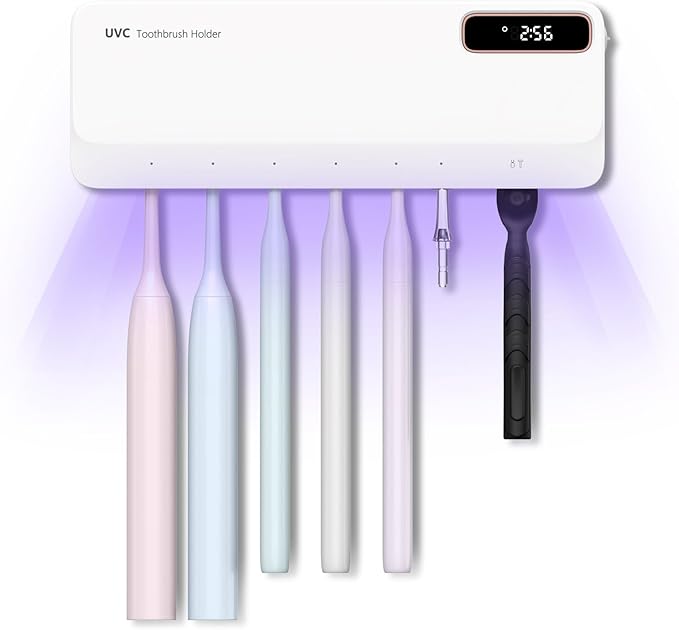 UV Toothbrush Cleaner Holder, Temracha Toothbrush Holders for Bathrooms, 5+1+1 Slots Tooth Brush Shaver Cleaner and Holder, Rechargeable Cordless Wall Mounted with Heating Functions, No Drilling
