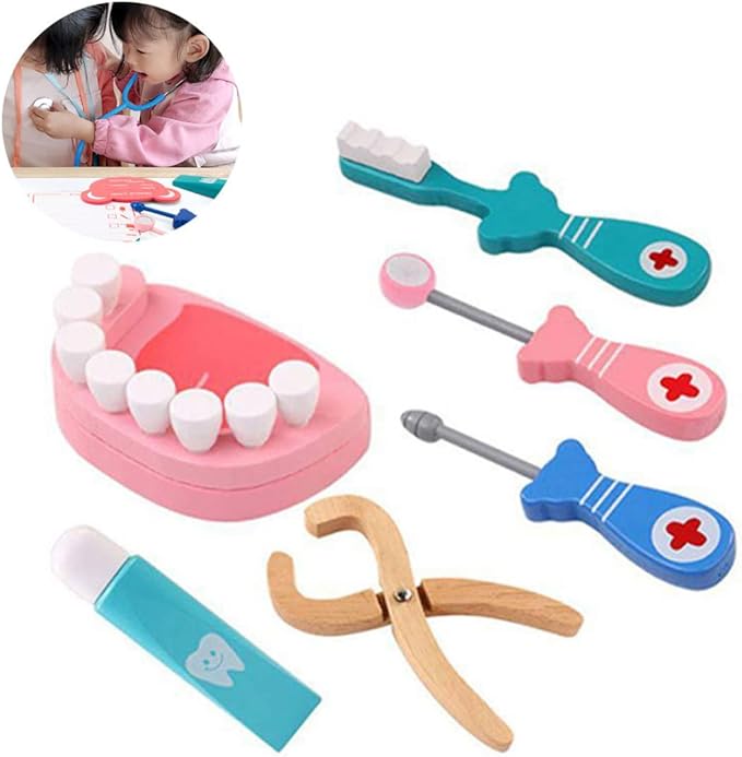 Wooden Dentist Toy Kit Pretend Play Teeth Tools Educational Doctor Role Play Set for Kids 6PCS Dentist Simulation Toy Educational for Boys Girls Early Learning