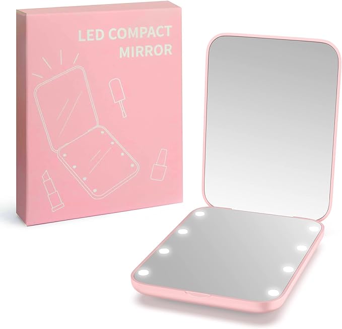 WOBSION Small Mirror with Lights,LED Compact Makeup Mirror,1x/3x Mini Travel Mirror with Magnification,Portable for Purse,Pocket,Gifts for Girls,Pink